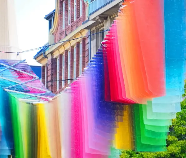 Gökkuşağı renginde bayraklar Almanya 'nın bir şehrinde rüzgarda dalgalanıyor.