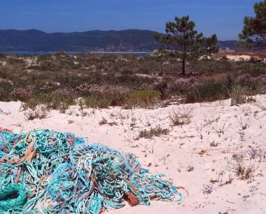 Sahildeki balıkçıların renkli ipleri ve balık ağları.