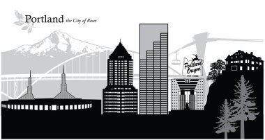 Portland, Oregon, ABD 'nin ufuk çizgisi şehir manzarasının vektör çizimi