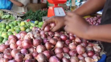 Birisi marketten soğan alıyor, süpermarketten, marketten sebze alıyor, soğanı seçiyor. Alışveriş yapan sebzeler Soğan Adam 'ın elleri