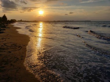 Altın Gün batımı Sakin Okyanus Dalgaları ve Kumsalda Yansıyor