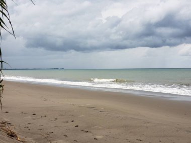Mavi denizi ve gri bulutlu gökyüzü olan kumlu bir sahil..