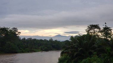 Nehir yemyeşil yapraklar arasında akıyor. Uzakta bir dağ sırası var.