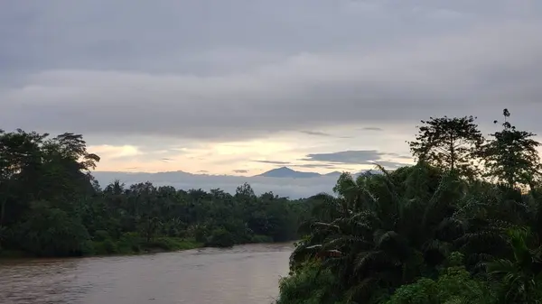 Nehir yemyeşil yapraklar arasında akıyor. Uzakta bir dağ sırası var.