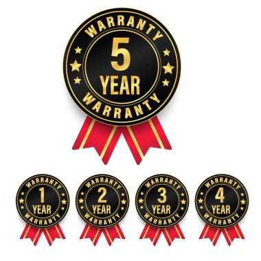1, 2, 3, 4, 5 yıllık rozet tahsilatı altın, siyah ve kırmızı kurdele stili, beyaz arkaplanda izole edilmiş garanti logosu seti, Vector altın garantisi ve illüstrasyon.