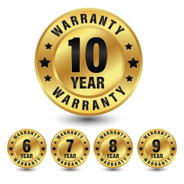 6, 7, 8, 9, 10 yıllık rozet, altın ve siyah stil tahsilat, beyaz arka planda izole edilmiş garanti logosu seti, vektör altın garanti ve illüstrasyon.