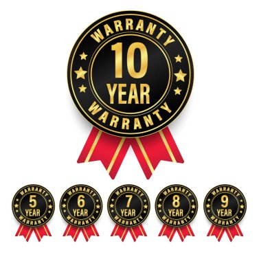 6, 7, 8, 9, 10 yıllık rozet rozeti tahsilatı altın, siyah ve kırmızı kurdele stili, beyaz arkaplanda izole edilmiş garanti logosu seti, Vector altın garantisi ve illüstrasyon.