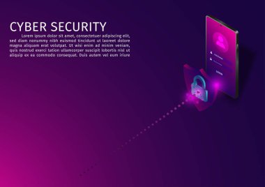 Isometric cep telefonu ağ güvenlik bilgi aktarım arkaplanı. Mobil veri güvenliği modern konsept. Telefonun, virüs saldırıları vektör illüstrasyonuna karşı şeffaf bir kalkanı.