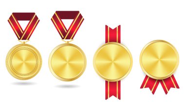 Altın madalyalar seti. Şampiyon ödüllü metal madalya. Onur, gerçekçi izole vektör seti. Altın Ödül ve Madalya illüstrasyonunun vektör seti.