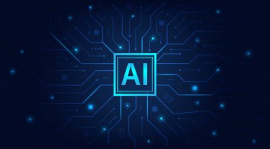 Yapay zeka teknolojisi devre kartı. Teknoloji soyut geçmişi. Web için fütüristik konsept teknoloji sanat çalışması, afiş şablonu. Büyük veriler ve makine öğrenimi. Vektör illüstrasyonu