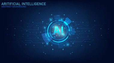 Yapay zeka teknolojisi devre kartı. Teknoloji soyut geçmişi. Web için fütüristik konsept teknoloji sanat çalışması, afiş şablonu. Büyük veriler ve makine öğrenimi. Vektör illüstrasyonu