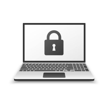 Siyah ve beyaz gerçekçi dizüstü bilgisayar ve kilit simgesi beyaz arkaplanda izole edildi. Laptop ve asma kilit. Teknoloji veri koruması, İnternet güvenliği ve güvenlik bilgileri kişisel, Vektör ve Görüntü.
