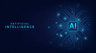 Devre kartındaki yapay zeka yongası, soyut arkaplan fütüristik Hitech stili, Teknoloji konsept tasarımı, Makine öğrenme tasarımı, şablonu, pankart ve web için vektör ilülasyonu.