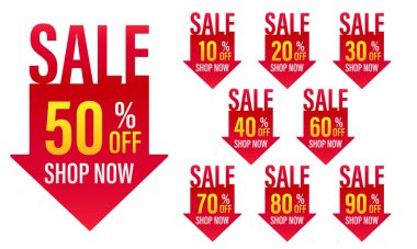 İndirim etiketli vektör seti 10, 20, 30, 40, 50, 60, 70, 80, 90%, reklam kampanyası için tanıtım numarası tasarımı perakende satış izni, özel teklif, etiket, düz etiket.