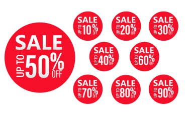 Beyaz arkaplanda izole edilmiş kırmızı ve beyaz vektör şablonları, indirimli etiket koleksiyonu, mega satış, özel teklif. Web sitesi ve reklamcılık için tasarım. Vektör illüstrasyonu.
