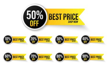 İndirim etiketli vektör seti 10, 20, 30, 40, 50, 60, 70, 80, 90%, reklam kampanyası için tanıtım numarası tasarımı perakende satış izni, özel teklif, etiket, düz etiket.