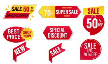 Beyaz arka planda izole edilmiş sarı ve kırmızı vektör şablonları, indirimli etiket koleksiyonu, mega satış, özel teklif. Web sitesi ve reklamcılık için tasarım. Vektör illüstrasyonu.