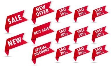 Beyaz arka planda izole edilmiş sarı ve kırmızı vektör şablonları, indirimli etiket koleksiyonu, mega satış, özel teklif. Web sitesi ve reklamcılık için tasarım. Vektör illüstrasyonu.