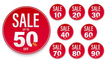 İndirim etiketli vektör seti 10, 20, 30, 40, 50, 60, 70, 80, 90%, reklam kampanyası için tanıtım numarası tasarımı perakende satış izni, özel teklif, etiket, düz etiket.