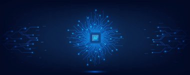 Yapay zeka teknolojisi devre kartı. Teknoloji soyut geçmişi. Web için fütüristik konsept teknoloji sanat çalışması, afiş şablonu. Büyük veriler ve makine öğrenimi. Vektör illüstrasyonu