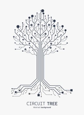 Devre tahtası ağacı. Dijital devre kartı internet bağlantısı kavramı. Yumuşak renk dokusu. Bilgisayar ana kart sistemi. Vektör illüstrasyon noktaları, çizgiler ve kare sosyal ağ ve bağlantı.