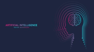 İnsan ana hatlarındaki beyin devresi, yapay zeka soyut arkaplan rengi. Teknoloji konsept tasarım geçmişi, makine öğrenimi, afiş ve web şablonu için vektör ilüstrasyonu..