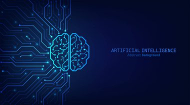 Devre kartlarındaki beyin devresi, yapay zeka soyut arka plan. Teknoloji konsept tasarımı, makine öğrenme ve çip üretimi, pankart ve web şablonu için vektör çizimi.