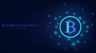 Devre kartının soyut arka planında Bitcoin şifreleme dijital teknolojisi. Kripto para, dijital para, teknoloji ve ekonomi için tasarım. Dijital teknolojiyi engelliyor. Vektör illüstrasyonu