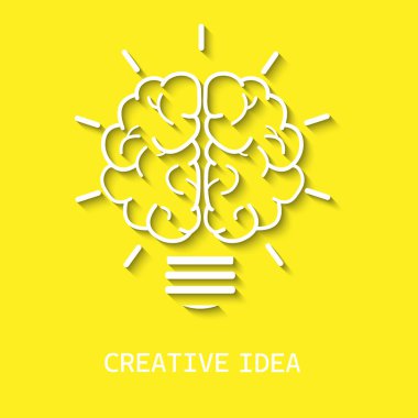 Beyin ikonuna sahip ampul, yaratıcı düşünce fikirleri beyin yeniliği kavramı. Yaratıcı fikir kavramı beyin fırtınası ve hayal gücü gelişimi, iş konsepti vektörü.