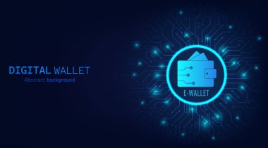 Koyu mavi devre arka planında dijital cüzdan. Dijital cüzdan uygulaması internet bankacılığı. Mobil bankacılık, çevrimiçi finans, e-ticaret, para transferi konsepti. Çevrimiçi ödeme. Vektör illüstrasyonu.