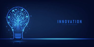 Yenilik. Fikir ve çözüm teknolojisi kavramı. Koyu mavi üzerinde nokta devre kartından bir ampul. Soyut siber ve dijital bilgisayar yeniliği kavramı. Ticari yenilik ve yaratıcı fikir.