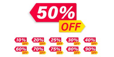 Farklı indirim fiyatı 10, 20, 25, 30, 40, 50, 60, 70, 80, 90. Pazarlama ve reklam tasfiye satışları için tanıtım rozeti ayarlandı. Özel teklif, tasarruf parası. Vektör illüstrasyonu.