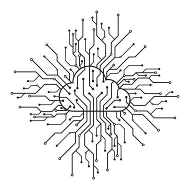 Beyaz arkaplanda bulut devre simgesi. İnternet ve siber teknoloji teknolojisi bulut hesaplama teknolojisi. Bilgi depolama bilgilerini yükle ve yükle. Vektör illüstrasyonu.