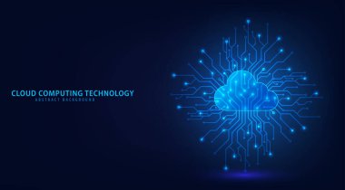 İnternet ve siber teknoloji teknolojisi bulut hesaplama teknolojisi. Mavi arka planda soyut bulut bağlantı teknolojisi. İnternet simgeleriyle bulut hesaplama ağı. Vektör ve Görüntü.