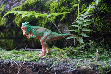 Oyuncak dinozor heykellerinin fotoğrafları orman manzaralı ve açık havada kayalık doğa.