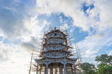 A view of the development and construction of Buddhist Pagodas in Indonesia, Avalokitesvara Graha Monastery is the largest monastery in Southeast Asia with beautiful architecture and clear skies clipart