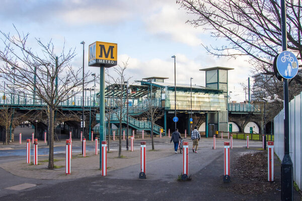 Sunderland, UK - Thursday 29th December 2022: St Peters Metro station between the Wearmouth bridge and stadium of light. High quality photo