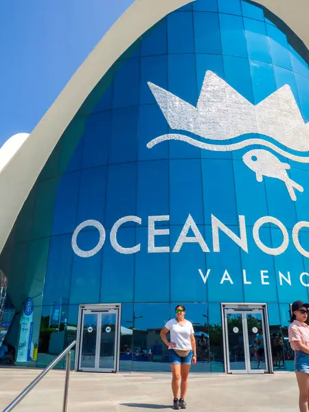 Valencia, İspanya - 20 Ağustos 2024: Okyanus Akvaryumu dışında tatil fotoğraflarına poz veren turistler. Yüksek kalite fotoğraf