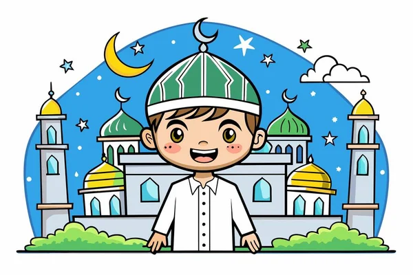 モスクの前に立っている白いシャツと緑の帽子の少年 — ストック写真