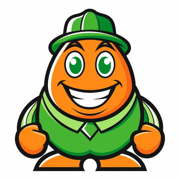 a cartoon orange with a green hat and green vest