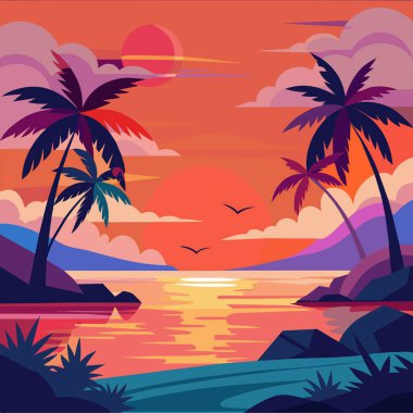 Tropik günbatımı Palmiye ağaçları, deniz ve güneş