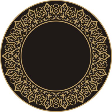 Dairesel çerçeve kenarlıkları için uygun dairesel süs deseni için vektör illüstrasyonu, merkezde metin girdisi ile kullanılan siyah arkaplan üzerinde altın rengi