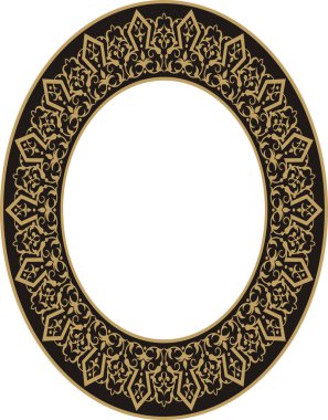 Çerçevedeki bir sınır süsü deseni için vektör çizimi, oval şekil, altın rengi ve siyah arkaplan. Çerçeveler, dekorasyonlar, kaligrafi vs. için harika