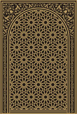 Çerçeve tasarımı elementi için vektör çizimi, İslami geometrik süs, kapı veya pencere şekli, altın rengi ve siyah arkaplan. Cami dekorasyonu, kaligrafi, İslam sanatı vs. için uygundur
