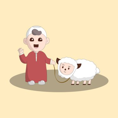 qurban vektör illüstrasyon çocuğu ve koyun basit konsepti mutlu bayramlar düz illüstrasyon