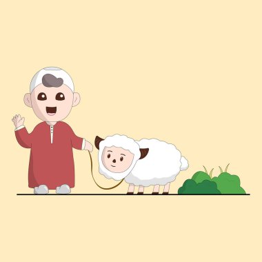 qurban vektör illüstrasyon çocuğu ve koyun basit konsepti mutlu bayramlar düz illüstrasyon