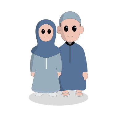 Karakter şirin Ramadhan konsepti mutlu Müslüman aile kutsal ayı kutluyor Ramadhan camii silüet vektör illüstrasyonu