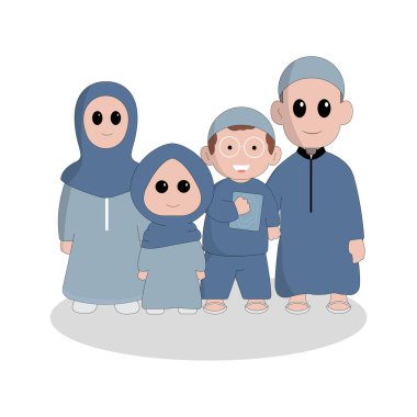 Karakter şirin Ramadhan konsepti mutlu Müslüman aile kutsal ayı kutluyor Ramadhan camii silüet vektör illüstrasyonu