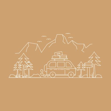 Dağ konseptine giden logo vektörü Campervan yolu basit bir geçmişe dönük yapıştırma ve giysi çizimi