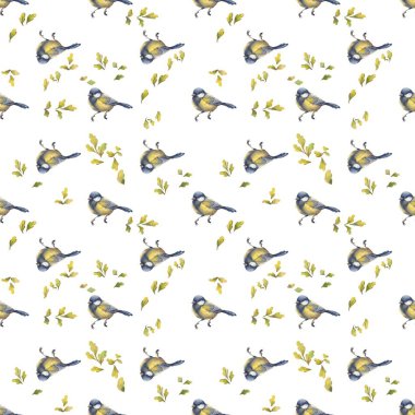 Duvar kağıdı veya kağıt çiçek arkaplanı için beyaz arkaplan üzerinde kusursuz desenli suluboya kuş biçimi